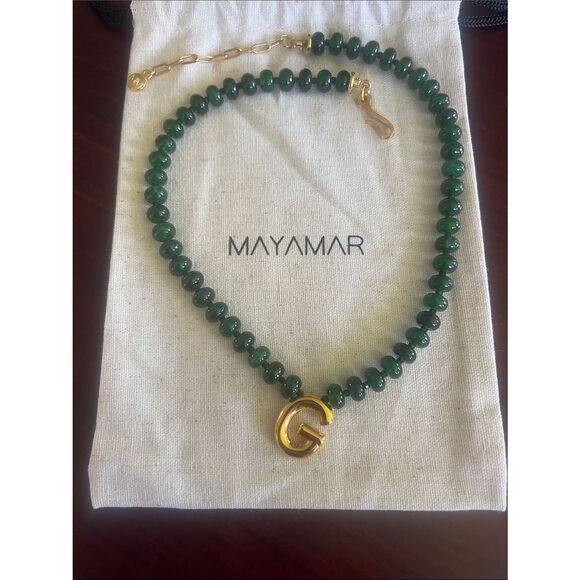 Mayamar Jewelry - Mayamar Green Beaded Necklace with Gold 'G' Pendant (24k gold plated)
